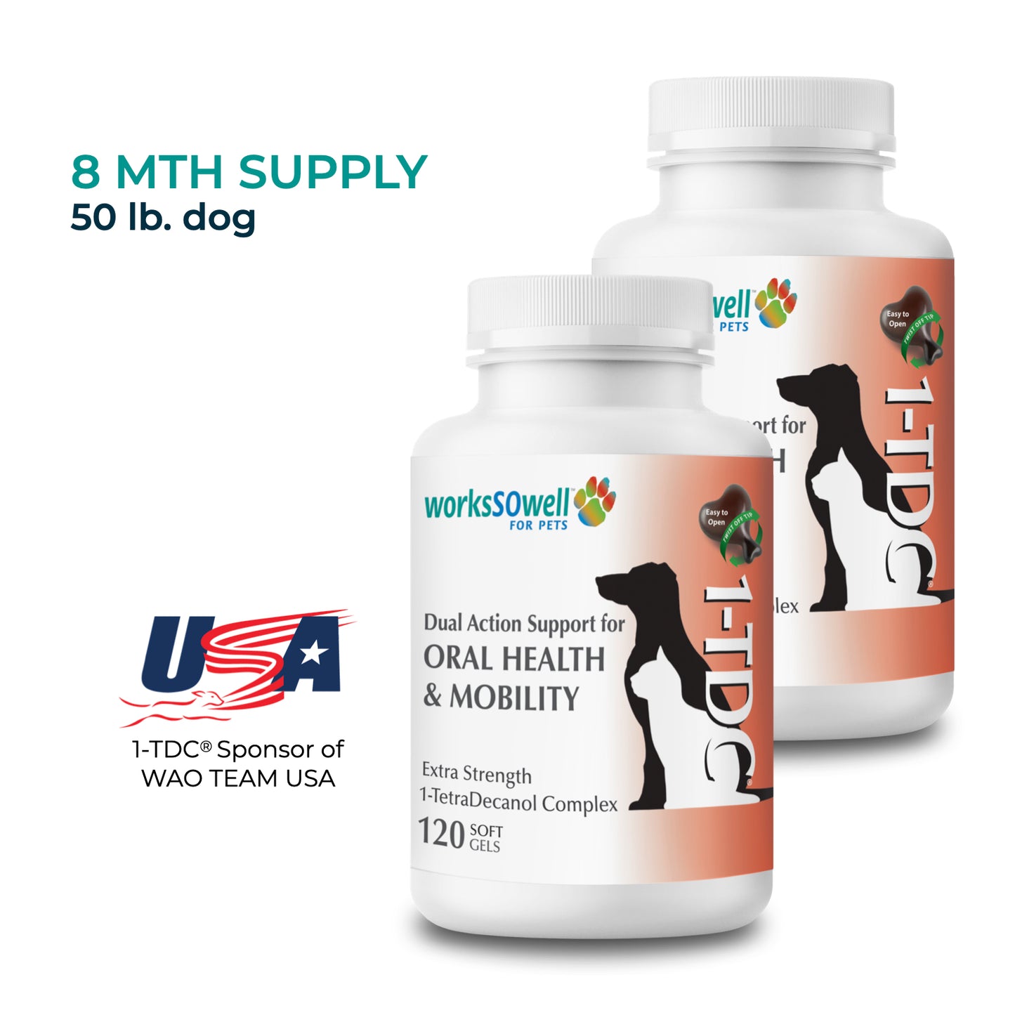 1-TDC ORAL HEALTH + MOBILITY SUPPORT FOR DOGS & CATS 2 Bottles (240 soft gels)
